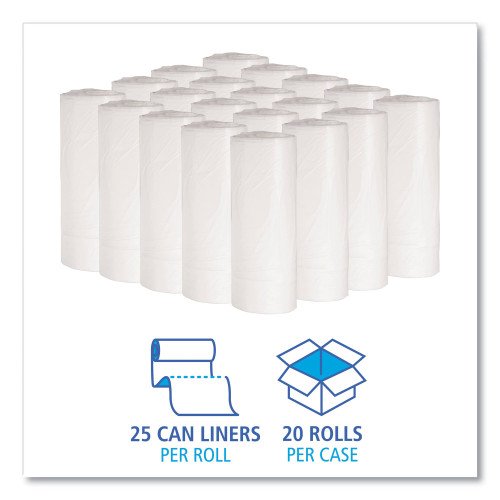 722935-500x500-0.jpg Boardwalk Low-Density Waste Can Liners, 16 gal, 0.4 mil, 24" x 32", White, Perforated Roll, 25 Bags/Roll, 20 Rolls/Carton - Image 4