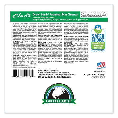 836154-500x500-0.jpg Betco Green Earth Foaming Skin Cleanser Refill, Fresh Meadow Scent, 1,000 mL, 6/Carton - Image 4